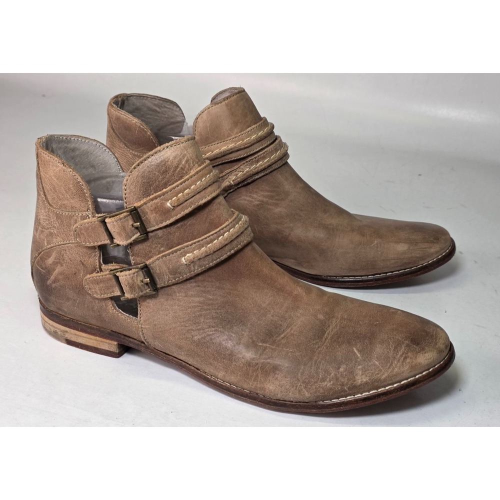 Free People Taupe Brown Distressed Leather Double-Buckle Ankle Boots VGUC